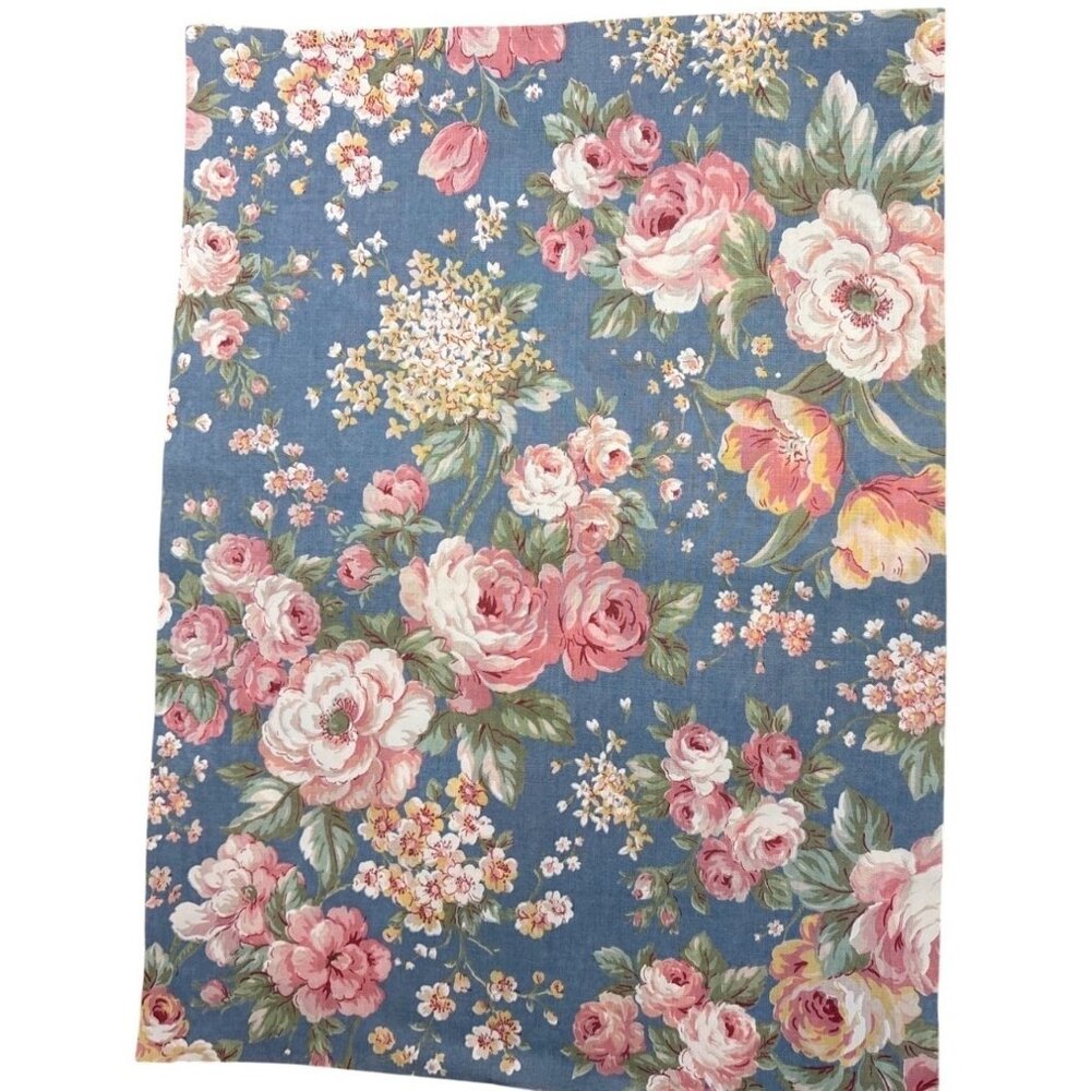 Floral Pattern Fabric Material Pink Roses On Blue Background 11" X 15"